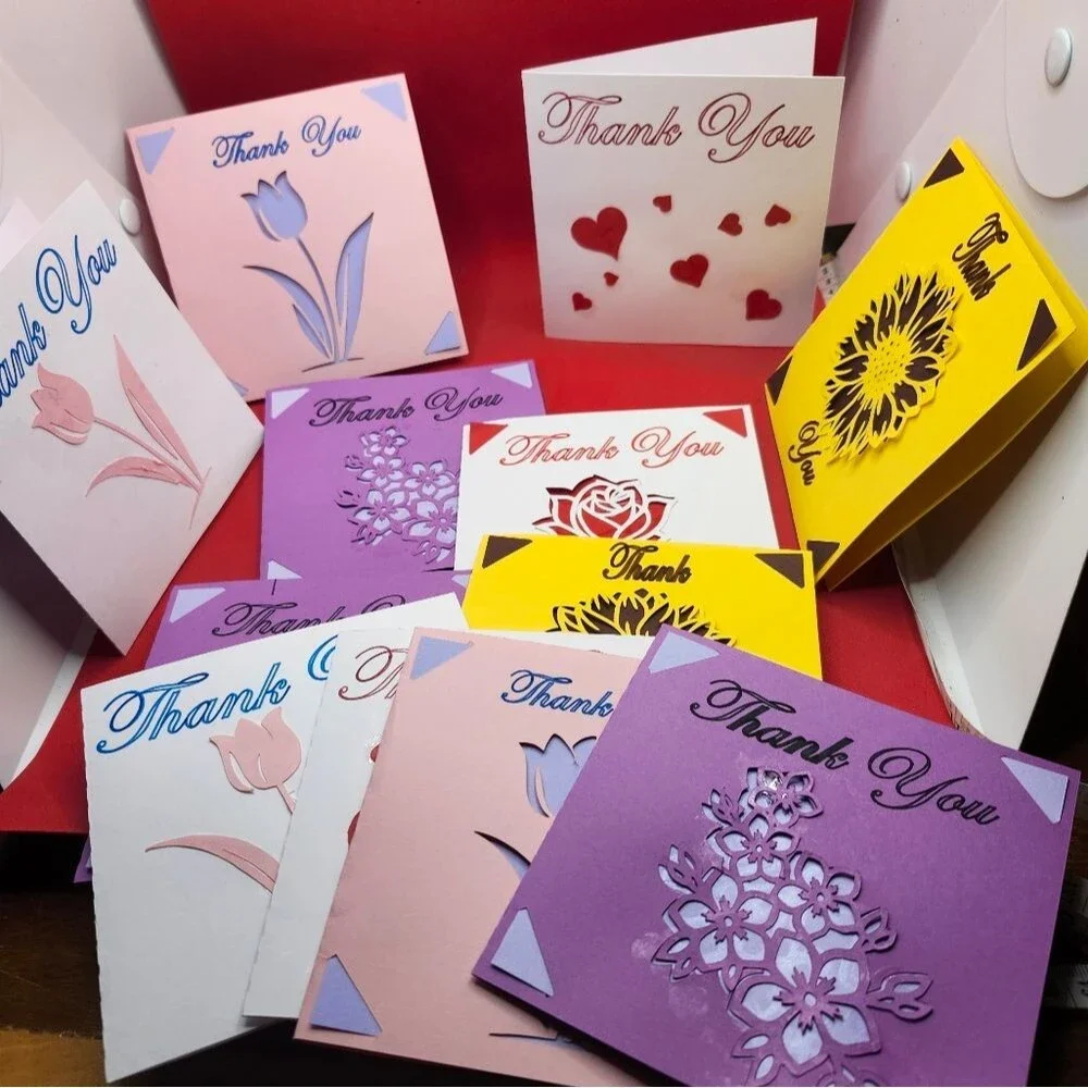 Hand Crafted Colorful Floral Thank You Cards Set of 12